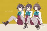  3girls ahoge asymmetrical_bangs bangs blue_neckwear blunt_bangs boots bow bowtie brown_eyes brown_hair cross-laced_footwear crossed_ankles dress english_text eyebrows_visible_through_hair eyes_closed fujinami_(kantai_collection) full_body grey_hair grey_legwear hair_ribbon hayanami_(kantai_collection) highres kantai_collection kishinami_(kantai_collection) knees_up lace-up_boots leg_hug long_hair long_sleeves miroku_san-ju multiple_girls open_mouth pantyhose pleated_dress ponytail purple_dress purple_hair ribbon school_uniform seamed_legwear shirt short_hair side-seamed_legwear side_ponytail sidelocks sleeveless sleeveless_dress smile thighhighs v-shaped_eyebrows wavy_hair white_ribbon white_shirt yellow_background yellow_eyes 