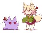  ._. 1girl :| animal_ear_fluff animal_ears bangs bell bell_collar blonde_hair blush brown_collar brown_footwear closed_mouth collar commentary_request creatures_(company) ditto eye_contact fox_ears fox_girl fox_tail game_freak gen_1_pokemon green_shirt hair_between_eyes hair_bun hair_ornament jingle_bell kemomimi-chan_(naga_u) long_sleeves looking_at_another naga_u nintendo orange_neckwear original pleated_skirt pokemon pokemon_(creature) purple_skirt red_eyes ribbon-trimmed_legwear ribbon_trim sailor_collar shadow shirt skirt sleeves_past_fingers sleeves_past_wrists standing tail thighhighs transformed_ditto white_background white_legwear white_sailor_collar 