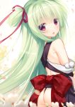  1girl :o ass bangs bare_shoulders blurry blurry_foreground blush bow cariboy commentary_request depth_of_field eyebrows_visible_through_hair flower green_hair hair_between_eyes hair_ribbon head_tilt long_hair looking_at_viewer looking_to_the_side murasame_(senren) parted_lips petals red_bow red_eyes red_ribbon ribbon senren_banka solo two_side_up very_long_hair white_background white_flower 