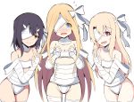  3girls :d @_@ abigail_williams_(fate/grand_order) absurdres bandage bandage_over_one_eye bandaged_arm bandaged_leg bandages bangs bare_shoulders blonde_hair blue_eyes blush breasts brown_eyes cleavage clenched_hands closed_mouth collarbone commentary_request cosplay cowboy_shot eyebrows_visible_through_hair fate/grand_order fate/kaleid_liner_prisma_illya fate_(series) flying_sweatdrops groin hair_between_eyes hair_ornament hairclip hands_up highres illyasviel_von_einzbern kingprotea kingprotea_(cosplay) leaning_forward long_hair mitchi miyu_edelfelt multiple_girls nose_blush open_mouth parted_bangs red_eyes simple_background small_breasts smile very_long_hair w wavy_mouth white_background 