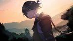  :d absurdres arm_at_side black_hair bush cloud dutch_angle eyes_closed facing_viewer highres inna_the_queen_of_the_ruined_country open_mouth outdoors pixiv_fantasia_last_saga short_hair smile sunset 