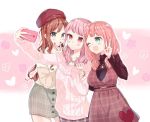  3girls :3 ;d arm_hug bang_dream! bangs belt beret black_shirt blush brown_hair cellphone clenched_hand dress green_eyes hana_kon_(17aaammm) hat heart holding holding_phone imai_lisa long_hair long_sleeves low_twintails maruyama_aya miniskirt multiple_girls nail_polish one_eye_closed open_mouth phone pinafore_dress pink_background pink_hair plaid plaid_dress plaid_skirt red_dress red_eyes red_hat red_nails self_shot shirt skirt smartphone smile sweater taking_picture twintails uehara_himari v v_over_mouth 