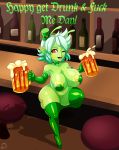  absurd_res alcohol alien armwear beer beverage big_breasts breasts clothing elbow_gloves erozer female footwear gloves green_hair green_skin hair hi_res high_heels holidays huge_breasts humanoid legwear one_eye_closed pasties red_eyes rubber shoes short_stack slightly_chubby st._patrick&#039;s_day thick_thighs thigh_highs wink 
