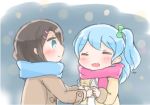  2girls :d ^_^ bang_dream! bangs black_hair blue_eyes blue_hair blue_scarf blush bow brown_coat chibi closed_eyes coat eyes_closed green_bow hair_bow hair_ornament hairpin hand_holding koroneko_(ky-tora) long_hair looking_at_another matsubara_kanon multiple_girls okusawa_misaki one_side_up open_mouth outdoors pink_scarf scarf smile snowing upper_body winter_clothes yellow_coat 