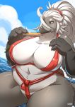  anthro avian beak big_breasts black_sclera breasts clothing female hi_res huge_breasts nipple_outline ocaritna slightly_chubby solo swimsuit thick_thighs wide_hips 