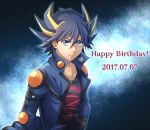  1boy 2017 black_shirt blue_eyes blue_hair blue_jacket collarbone dated facial_mark fudou_yuusei hair_between_eyes hands_on_hips happy_birthday highlights jacket looking_at_viewer male_focus mitsucho multicolored_hair open_clothes open_jacket print_shirt shirt sky smile solo spiked_hair star_(sky) starry_sky two-tone_hair upper_body yu-gi-oh! yuu-gi-ou_5d&#039;s 