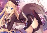  1girl ass bad_anatomy baldr_sky black_footwear black_hat black_jacket blonde_hair blue_eyes full_body grey_legwear hand_up hat jacket kikuchi_seiji kirishima_rain long_hair looking_at_viewer open_mouth purple_background solo thighhighs very_long_hair 