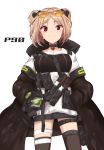  1girl blonde_hair character_name choker commentary cowboy_shot double_bun gas_mask girls_frontline hair_bun hands_in_pockets highres jacket looking_at_viewer magazine_(weapon) military_operator p90_(girls_frontline) pouch red_eyes skirt smile tactical_clothes thigh_strap thighhighs unnamed 