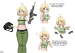  &gt;_&lt; 1girl :o ahoge ar-15 artist_name belt blonde_hair blue_eyes book commentary dojikko english_text fingerless_gloves genderswap gloves green_pants gun head_tilt heart holding holding_book holding_weapon jay156 load_bearing_vest magazine_(weapon) midriff navel pants real_life rifle short_hair simple_background terrorist thigh_gap weapon white_background 