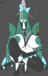  2019 absurd_res anthro areola big_breasts blush bow breasts celesteela clothing cosplay digital_media_(artwork) female green_hair hair hi_res huge_breasts humanoid inverted_nipples long_neck mammal nintendo nipples not_furry open_mouth pok&eacute;mon pok&eacute;mon_(species) pussy quin-nsfw simple_background smile solo ultra_beast video_games 