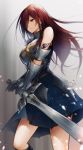  blue_skirt breastplate brown_eyes earrings erza_scarlet fairy_tail faulds floating_hair gauntlets grey_background hair_over_one_eye highres holding holding_sword holding_weapon jewelry long_hair miniskirt pleated_skirt red_hair skirt sword tattoo very_long_hair weapon yae_chitokiya 