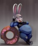  2016 absurd_res anthro arm_support belly big_belly clothing disney doughnut eating female food fur grey_fur hi_res judy_hopps lagomorph long_ears mammal metalforever overweight police_uniform purple_eyes rabbit sign tight_clothing uniform zootopia 