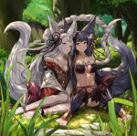  2girls :d animal_ears anklet bare_legs bare_shoulders barefoot bead_anklet beads bell black_hair black_legwear black_panties blue_eyes blush breasts choker cleavage closed_mouth collarbone commentary_request day erune flower forest fur_collar granblue_fantasy grass grey_hair grin hair_ornament highres jewelry jingle_bell knees_up large_breasts long_hair looking_at_viewer medium_breasts monyu_(monyupop) multiple_girls nature navel open_mouth outdoors panties plant red_eyes revealing_clothes rope shimenawa sitting smile socie_(granblue_fantasy) stomach sunlight tail thighhighs tree underwear yokozuwari yuel_(granblue_fantasy) 