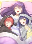  3girls :d ;d animal_hood black_jacket blue_hair bunny_hood collarbone eyes_closed fang gochuumon_wa_usagi_desu_ka? grey_jacket highres hood hood_up hooded_jacket ise_dango jacket jouga_maya long_hair lying multiple_girls natsu_megumi on_back one_eye_closed open_clothes open_jacket open_mouth pajamas pink_pillow purple_hair red_hair shiny shiny_hair shirt short_sleeves smile striped striped_sweater sweater tedeza_rize under_covers very_long_hair yellow_eyes yellow_pillow yellow_shirt 