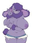  anthro areola big_breasts big_ears breast_grab breasts bugchomps canid canine canis clothed clothing cutoffs denim_shorts domestic_dog eyes_closed female fur hair hair_over_eye hand_on_breast holding_breast huge_breasts mammal navel neck_tuft nipples poodle purple_areola purple_body purple_fur purple_hair shorts simple_background smile solo teeth topless tuft v_sign voluptuous white_background wide_hips 