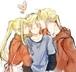  &gt;_&lt; 1girl 2boys ^_^ alphonse_elric apron blonde_hair blush blush_stickers brothers closed_eyes commentary_request edward_elric embarrassed eyebrows_visible_through_hair eyes_closed fullmetal_alchemist hand_on_another&#039;s_arm hand_on_another&#039;s_head heart height_difference hood hood_down hooded_jacket hoodie jacket long_hair long_sleeves looking_away multiple_boys nervous ponytail profile sandwiched short_hair siblings simple_background standing sweatdrop tsukuda0310 upper_body v-shaped_eyebrows white_background wide-eyed winry_rockbell yellow_eyes 