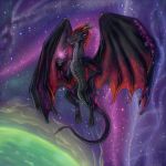  4_fingers 4_toes ballistic_(artist) black_horn black_scales black_tail black_wings claws darkayen detailed_background digital_media_(artwork) dragon female feral hi_res horn long_tail membranous_wings reptile scales scalie solo space star toes wings 