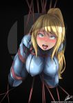  1girl bdsm blonde_hair blue_eyes blush bondage bound breasts erect_nipples hanging_breasts heart heart-shaped_pupils highres image_sample large_breasts long_hair looking_at_viewer metroid nintendo open_mouth pixiv_sample ponytail restrained samus_aran solo super_smash_bros. symbol-shaped_pupils tongue tongue_out zero_suit 