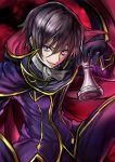  1boy absurdres black_gloves black_hair chess_piece code_geass geass gloves grin highres holding jacket king_(chess) lelouch_lamperouge long_sleeves looking_at_viewer male_focus pants purple_eyes purple_jacket purple_pants smile solo uniform viride 