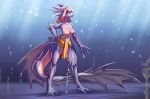  anthro aquatic_dragon blue_scales breasts bubble changeling_tale clothed clothing dragon female fin grace_(changeling_tale) hair hand_on_hip long_tail marine nipples non-mammal_breasts orange_hair scales scalie smile solo standing thick_tail topless underwater water watsup webbed_feet webbed_hands wide_hips 