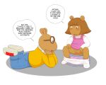  aardvark arthur_(series) arthur_reed being_watched blush brown_fur clothing cub d.w._reed embarrassed eyewear female fur glasses hi_res launny male mammal pussy simple_background sitting text young 