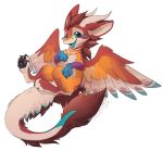  2019 4_toes blue_eyes brown_hair chibi claws digital_media_(artwork) dragon feathered_dragon feathered_wings feathers feral fluffy fur furred_dragon hair hi_res horn imber_(oldmancassius) magenta7 pawpads paws red_feathers red_fur simple_background smile solo toes wings 
