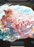  1girl beach_chair bikini blonde_hair breasts cleavage commentary_request flower granblue_fantasy hair_between_eyes hair_flower hair_ornament hairband hibiscus large_breasts leg_strap long_hair lying momio on_back ponytail reclining red_bikini sandals seaside solo starfish sunglasses swimsuit vira_lilie waves 
