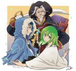 1other 2boys asaya_minoru beard black_gloves black_hat black_jacket blue_capelet blue_eyes blue_hair capelet character_request closed_mouth cu_chulainn_(fate/grand_order) cutlass_(sword) elbow_gloves enkidu_(fate/strange_fake) facial_hair fate/grand_order fate/strange_fake fate_(series) fingerless_gloves fur-trimmed_hood fur_trim gloves green_hair grey_hair grin hand_on_hip hand_up hat head_tilt holding holding_sword holding_weapon hood hood_up hooded_capelet jacket lancer long_sleeves looking_at_viewer multiple_boys open_clothes open_jacket petals profile red_eyes robe smile sword twitter_username v-shaped_eyebrows weapon white_gloves white_robe 