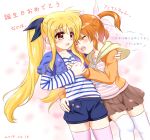  2girls birthday blonde_hair blush brown_hair couple eyes_closed fate_testarossa hair_ornament hair_ribbon hand_holding happy highres hug kerorokjy lyrical_nanoha mahou_shoujo_lyrical_nanoha multiple_girls red_eyes ribbon short_twintails simple_background smile takamachi_nanoha translation_request twintails yuri 