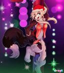  2018 anthro big_breasts blonde_hair blue_eyes bottomless breasts candy candy_cane canine christmas clothed clothing digital_media_(artwork) dog dragk fan_character female food fur hair hat hi_res holidays lingerie looking_at_viewer mammal nipples open_mouth santa_hat smile solo 