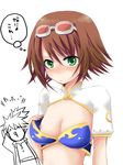  1girl ^q^ akr_(akari) blush breast_envy breasts cosplay goggles goggles_on_head green_eyes judith judith_(cosplay) nipples oversized_breast_cup oversized_clothes raven_(tales) rita_mordio short_hair small_breasts small_nipples tales_of_(series) tales_of_vesperia 