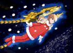  1girl aura bangs blonde_hair christmas city_lights commentary_request flying gacha-m gloves green_eyes gundam gundam_narrative long_sleeves mecha_musume mechanical_wings night night_sky red_footwear rita_bernal santa_costume sky smile snow unicorn_gundam_phenex white_gloves wings 