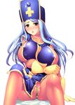  bad_id bad_pixiv_id blue_hair blush bodysuit breast_hold breasts brown_eyes covered_nipples crotch_zipper dragon_quest dragon_quest_iii fat_mons gloves hat huge_breasts long_hair mitre ookami_ryousuke orange_bodysuit priest_(dq3) sitting skin_tight solo tabard zipper 