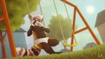  absurd_res ailurid anthro briefs brown_fur bulge clothed clothing cub dessert food fur hair hi_res ice_cream iztli male mammal navel orange_fur park public red_panda shirt solo swingset tongue tongue_out topless tree underwear white_fur white_hair young 