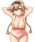  1girl absurdres arms_behind_head bikini black_headband blue_eyes blush braid breasts cleavage clothes_writing collarbone commentary eyes_visible_through_hair hair_ornament highres kantai_collection kiritto large_breasts leaning_forward light_brown_hair long_hair looking_at_viewer midriff navel plump propeller_hair_ornament shiny shiny_hair simple_background skindentation smile solo swimsuit teruzuki_(kantai_collection) twin_braids upper_body white_background yellow_bikini 