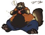  ! anthro barefoot belly belly_overhang big_belly brown_fur button_pop cappuccino claws clothed clothing eating food fur holding_food holding_object male mammal moobs morbidly_obese mustelid musteline navel obese obese_male open_shirt overweight overweight_male simple_background sitting solo speech_bubble steak surprise thick_thighs toe_claws torn_clothing white_background wide_hips wolverine 