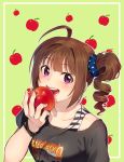  1girl ahoge apple black_shirt blush bra_strap bracelet breasts brown_hair collarbone drill_hair eyebrows_visible_through_hair food fruit green_background holding holding_food idolmaster idolmaster_million_live! jewelry kamille_(vcx68) large_breasts looking_at_viewer open_mouth purple_eyes scrunchie shirt short_hair side_drill smile solo upper_body yokoyama_nao 