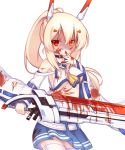  1girl ascot ayanami_(azur_lane) azur_lane bangs bare_shoulders belt black_choker blonde_hair blood blood_on_face bloody_clothes bloody_hands bloody_weapon blue_sailor_collar blue_skirt breasts choker commentary_request crop_top detached_sleeves eyebrows_visible_through_hair hair_between_eyes hair_ornament hairclip hand_to_own_mouth hand_up headgear high_ponytail holding holding_sword holding_weapon long_hair long_sleeves medium_breasts pleated_skirt ponytail red_eyes remodel_(azur_lane) sailor_collar sakurato_ototo_shizuku school_uniform serafuku shaded_face shirt sidelocks simple_background skirt sleeveless sleeveless_shirt sleeves_past_wrists solo sword underboob very_long_hair weapon white_background white_belt white_shirt white_sleeves wide_sleeves yellow_neckwear 