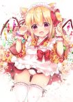  1girl :d animal_ear_fluff animal_ears apron bangs blonde_hair blush bow cat_ears claw_pose commentary_request crystal eyebrows_visible_through_hair fang fingernails flandre_scarlet floral_print flower frilled_apron frilled_legwear frills gluteal_fold hair_between_eyes hair_bow hands_up japanese_clothes kemonomimi_mode kimono long_hair long_sleeves looking_at_viewer maid_headdress open_mouth panties pleated_skirt print_kimono red_bow red_eyes red_skirt rikatan skirt smile solo thighhighs touhou underwear wa_maid white_apron white_flower white_legwear white_panties wide_sleeves wings wrist_cuffs yellow_kimono 