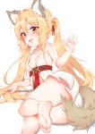  1girl animal_ears ass barefoot blonde_hair blush feet hair_ribbon highres idun_(tower_of_saviors) long_hair looking_at_viewer lying on_side parted_lips ribbon soles tail toes tower_of_saviors twintails yellow_eyes 