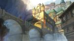  1other absurdres ambiguous_gender banner bridge castle cloud cloudy_sky day fantasy fog gate graphite_(medium) highres holding holding_staff original outdoors poppo_sutchy scenery sky staff traditional_media window 