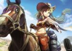  1girl breasts cactus cleavage clenched_hand cloud commentary_request desert feena_(grandia) gloves grandia grandia_i green_hair hat head_out_of_frame horse kousaku large_breasts long_hair midriff mountain navel sky smile 