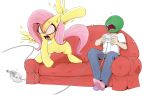  2019 angry anon controller duo equid equine feathered_wings feathers female feral fluttershy_(mlp) friendship_is_magic game_controller hair human male mammal my_little_pony open_mouth pterippus shoutingisfun simple_background sofa white_background wings 