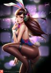  1girl absurdres animal_ears animal_print artist_name ass bare_shoulders black_footwear black_nails blue_leotard blurry blurry_background bow bowtie breasts brown_eyes brown_hair brown_legwear bunny_ears bunny_girl bunny_print bunny_tail bunnysuit cowboy_shot d.va_(overwatch) detached_collar eyelashes facepaint facial_mark fake_animal_ears finger_to_mouth fingernails headphones high_heels highres large_breasts leg_up leotard lips lipstick long_hair looking_at_viewer makeup nail_polish nose overwatch pantyhose pink_lips realistic solo strapless strapless_leotard tail watermark web_address whisker_markings wrist_cuffs xili_fish 