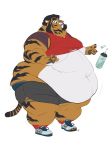  anthro beard belly belly_overhang beverage big_belly big_butt bike_shorts black_hair butt chubby_cheeks claws clothed clothing double_chin ed_shapeshifter facial_hair felid footwear fur hair huge_butt love_handles male mammal midriff moobs morbidly_obese navel nipples obese obese_male orange_fur overweight overweight_male pantherine shoes shorts simple_background sneakers solo standing striped_fur striped_tail stripes thick_thighs tiger tight_clothing toe_claws torn_clothing underwear weight_gain white_background white_fur 