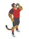  anthro beard beverage bike_shorts black_hair claws clothed clothing drinking ed_shapeshifter eyes_closed facial_hair felid footwear fur hair holding_beverage holding_object male mammal muscular muscular_male orange_fur pantherine shoes shorts simple_background smile sneakers solo standing striped_fur striped_tail stripes tiger tight_clothing white_background white_fur 