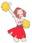  1girl :d alternate_costume alternate_hairstyle blush brown_hair cheerleader commentary_request do_m_kaeru eyes_closed okumura_haru open_mouth persona persona_5 persona_5:_dancing_star_night pom_poms ponytail short_hair smile solo twitter_username 