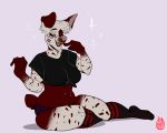  2019 5_fingers aliasing anthro belly big_breasts big_thighs biped black_eyebrows breasts brown_fur brown_markings brown_spots brown_tail canid canine clothing crop_top digital_drawing_(artwork) digital_media_(artwork) dipstick_ears eyebrows eyelashes eyes_closed facial_markings fangs female floppy_ears full-length_portrait fur gloves_(marking) grey_nose grey_tongue hi_res humanoid_hands inner_ear_fluff legwear mammal markings midriff multicolored_fur muzzle_(marking) navel open_mouth open_smile panties pink_background plantigrade portrait pose ryarik shadow shirt short_tail simple_background sitting slightly_chubby smile snout socks solo sparkle spots spotted_fur symbol thigh_socks tied_shirt toony two_tone_fur underwear vix_(thatvixy) watermark white_fur yellow_teeth 