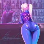  1girl 2019 alcohol ass bar bartender blonde_hair blue_eyes bodysuit cameltoe curvy drink female glass huge_ass long_hair looking_back martini ponytail robot samus_aran shiny shiny_clothes skin_tight thick_thighs thighs tied_hair tight_clothes wide_hips zero_suit 