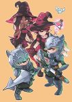  4girls aori_(splatoon) armor beige_background dark_skin green_eyes green_hair helmet highres hime_(splatoon) hotaru_(splatoon) iida_(splatoon) knight lance magic multicolored_hair multiple_girls pink_eyes pink_hair pointy_ears polearm scabbard sheath simple_background smile splatoon splatoon_(series) splatoon_1 splatoon_2 standing sword tentacle_hair two-tone_hair weapon witch wong_ying_chee 